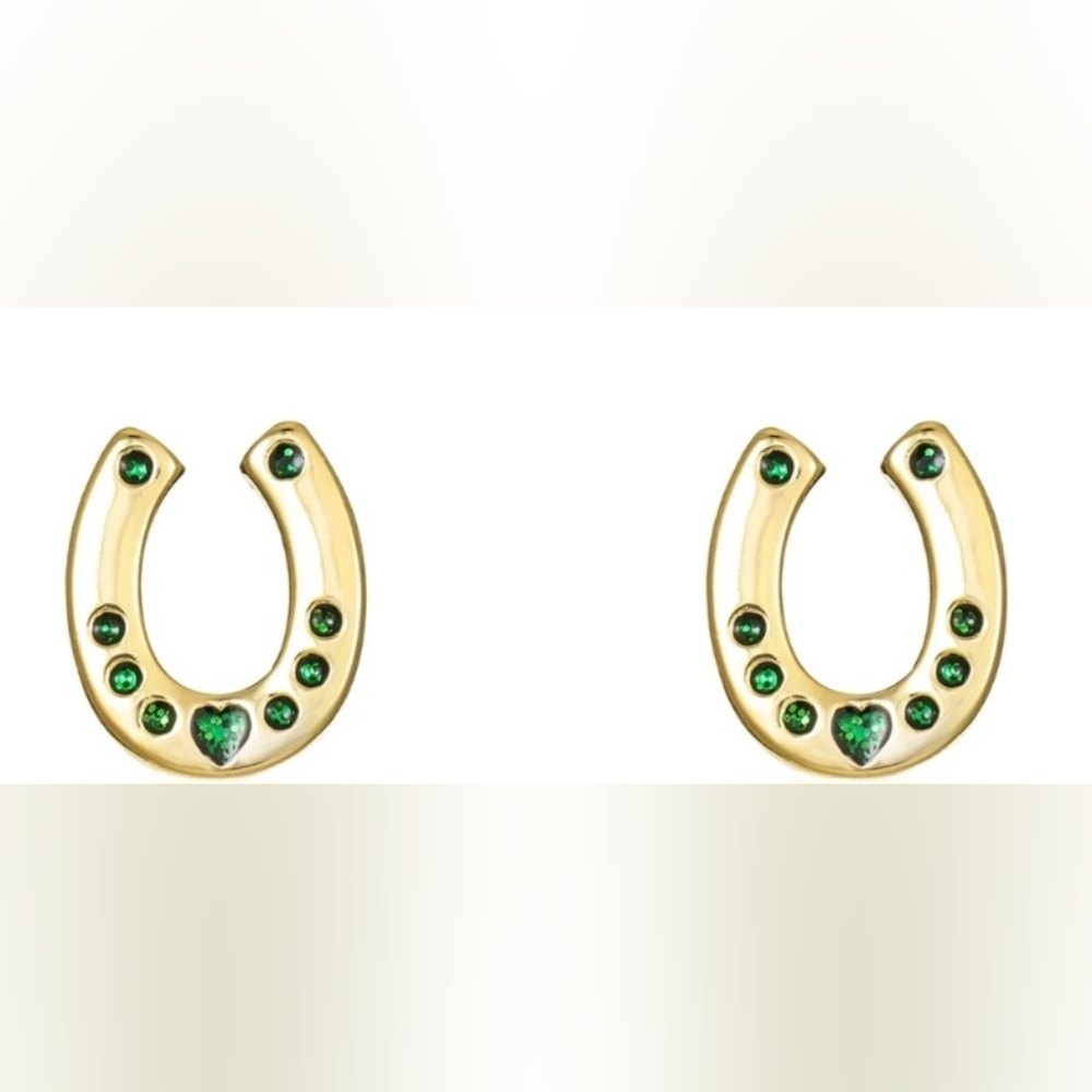 Gold Tone Horseshoe Earrings Green Stones Hyper-Allergenic